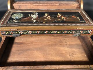 Antique Roll Top Lap Desk With Hand painted India Man & Women Scene With Peacock 7