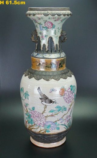 Impressive 62cm Antique Chinese Porcelain Vase With Various Enamels 19th C Qing