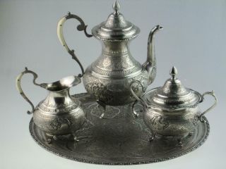 Antique Islamic Persian Solid Silver Teapot Set Circa 1920 Isfahan 2