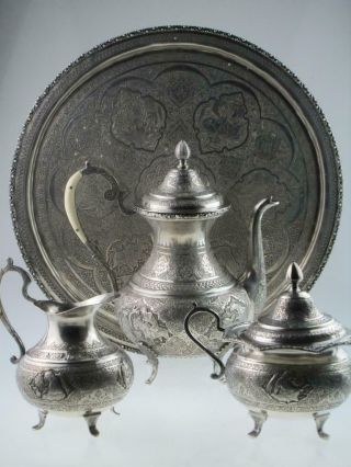 Antique Islamic Persian Solid Silver Teapot Set Circa 1920 Isfahan 3