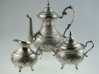 Antique Islamic Persian Solid Silver Teapot Set Circa 1920 Isfahan 4