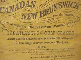LLOYD ' S 1864 WALL MAP US CANADAS BRUNSWICK SHOWS EVERY RAILROAD STATION 3