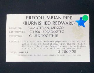 Pre - Columbian Pipe - Burnished Redware - Circa 1300 - 1500AD/Aztec 11