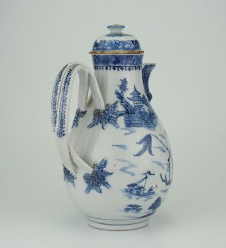 LARGE Antique Chinese Blue and White Porcelain Coffee Pot Jug & Lid 18th C 6
