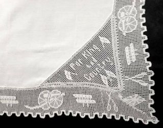 Antique Vtg Figural Linen Tablecloth Hand Crocheted Flag Cannon For King Country