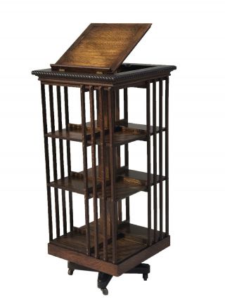 19th C Arts & Crafts / Mission Danner Tiger Oak Revolving Bookcase W/ Book Stand