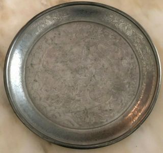 Old Antique Large Chinese Pewter Engraved Dragon Kut Hing Swatow Plate Marked