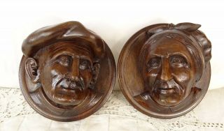 Antique French Hand Carved Walnut Wood Pair Medallion Plaque Face Figure - Signed