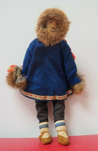 Large Vintage Canadian Eskimo Inuit Sewn Textile Doll W Fur Lined Hood & Mittens