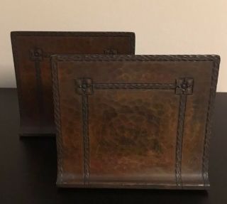 Antique Signed Roycroft Hammered Copper Bookends In Aurora Brown -