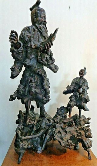 Large Chinese Root Sculpture Of A Fisherman With Attendant 18th/19th C.