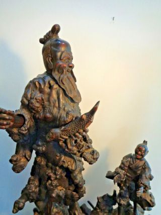 Large Chinese root sculpture of a fisherman with attendant 18th/19th c. 7