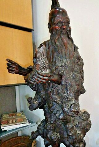 Large Chinese root sculpture of a fisherman with attendant 18th/19th c. 9
