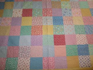 Antique Vintage Patchwork Quilt 1930 - 1940s Feedsack Prints - 63 By 74 Inches