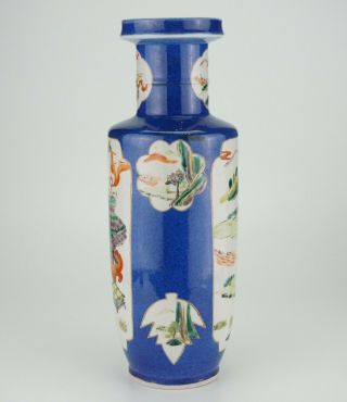 TALL Chinese Porcelain Powder Blue Famille Verte Wucai Rouleau Vase KANGXI 19thC 10
