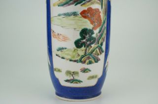 TALL Chinese Porcelain Powder Blue Famille Verte Wucai Rouleau Vase KANGXI 19thC 2