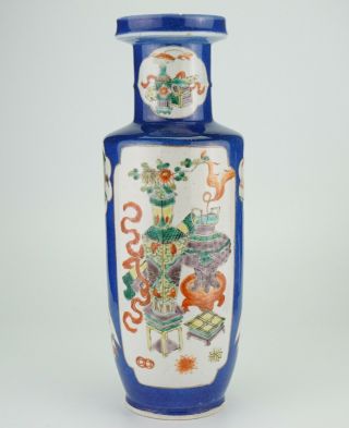 TALL Chinese Porcelain Powder Blue Famille Verte Wucai Rouleau Vase KANGXI 19thC 6