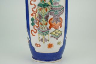 TALL Chinese Porcelain Powder Blue Famille Verte Wucai Rouleau Vase KANGXI 19thC 7