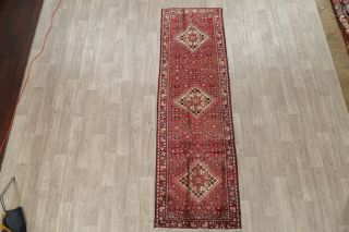 One of a Kind Vintage Geometric Malayer Hand - Knotted Runner Rug Wool 3x10 Red 2