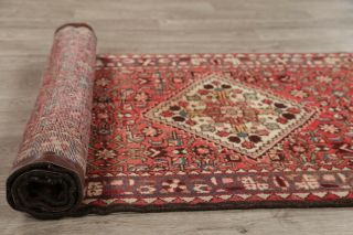 One of a Kind Vintage Geometric Malayer Hand - Knotted Runner Rug Wool 3x10 Red 9