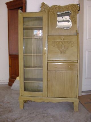 Antique Oak Secretary Desk Bookcase With Beveled Mirror