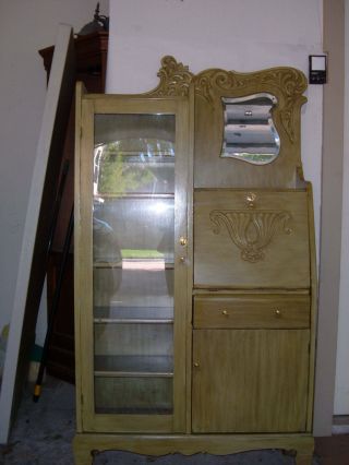 Antique Oak Secretary Desk Bookcase with Beveled Mirror 6