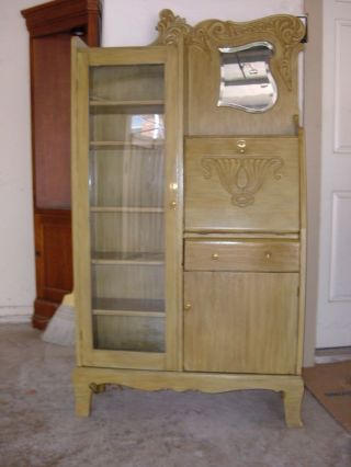 Antique Oak Secretary Desk Bookcase with Beveled Mirror 8