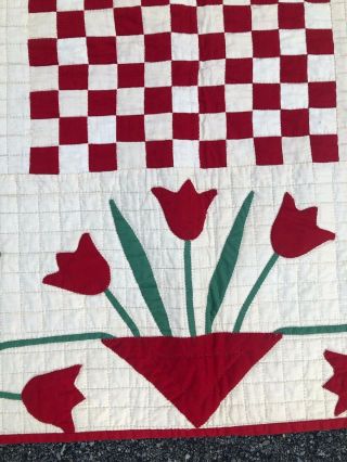 Rare 1870 ' s Checker Board Applique Tulip Boarder Antique Quilt UNUSUAL DESIGN 5