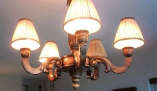 Antique French Wooden Chandelier,  Hanging Lamp,  5 Arms/lights