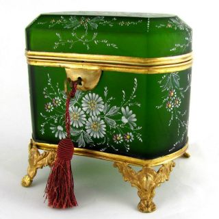 Antique French Glass Jewelry Casket Box Hand Painted Enamel Gilt Bronze Ormolu