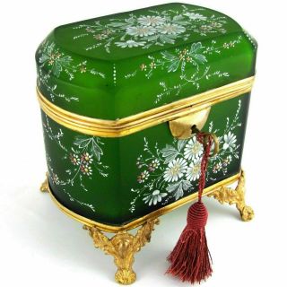 Antique French Glass Jewelry Casket Box Hand Painted Enamel Gilt Bronze Ormolu 2