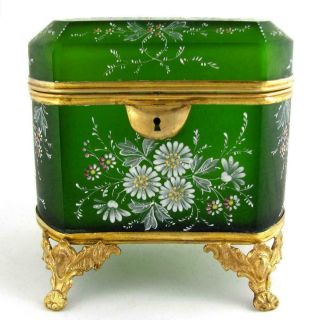 Antique French Glass Jewelry Casket Box Hand Painted Enamel Gilt Bronze Ormolu 4