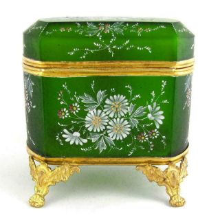 Antique French Glass Jewelry Casket Box Hand Painted Enamel Gilt Bronze Ormolu 5