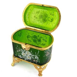 Antique French Glass Jewelry Casket Box Hand Painted Enamel Gilt Bronze Ormolu 7