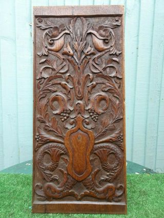 19thc Wooden Oak Panel With Dolphins,  Flowers,  Other Carvings C1880s