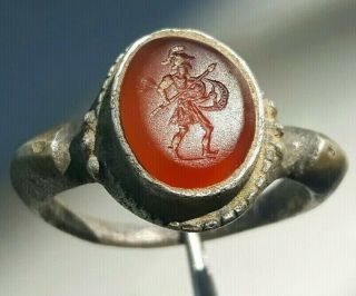 Silver Ring With Orange Carnelian Stone God Mars Spear And Shield