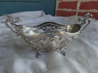 ANTIQUE CHINESE EXPORT HAND CHASED ORNATE DRAGON HANDLE FOOTED SILVER BOWL 4
