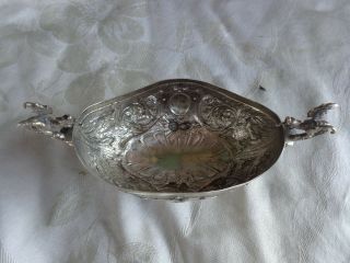 ANTIQUE CHINESE EXPORT HAND CHASED ORNATE DRAGON HANDLE FOOTED SILVER BOWL 7