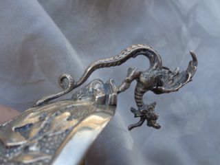 ANTIQUE CHINESE EXPORT HAND CHASED ORNATE DRAGON HANDLE FOOTED SILVER BOWL 9