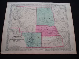 1863 Johnson Map Idaho Territory Dakota Nebraska Montana Colorado Kansas Wyoming