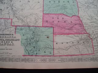 1863 Johnson Map Idaho Territory Dakota Nebraska Montana Colorado Kansas Wyoming 4