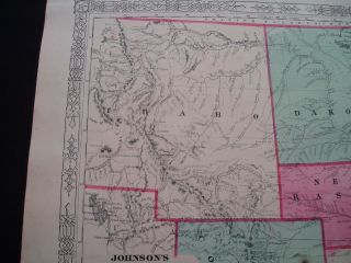 1863 Johnson Map Idaho Territory Dakota Nebraska Montana Colorado Kansas Wyoming 5