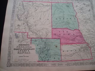 1863 Johnson Map Idaho Territory Dakota Nebraska Montana Colorado Kansas Wyoming 6
