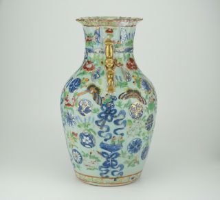 LARGE Antique Chinese Canton Famille Rose Celadon Porcelain Ribbon Vase 19th C 3