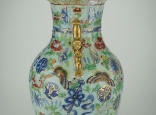 LARGE Antique Chinese Canton Famille Rose Celadon Porcelain Ribbon Vase 19th C 5