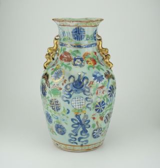 LARGE Antique Chinese Canton Famille Rose Celadon Porcelain Ribbon Vase 19th C 7