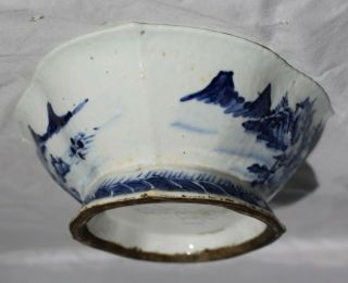 Antique Chinese Blue White Porcelain Fooded Bowl - Landscape 4