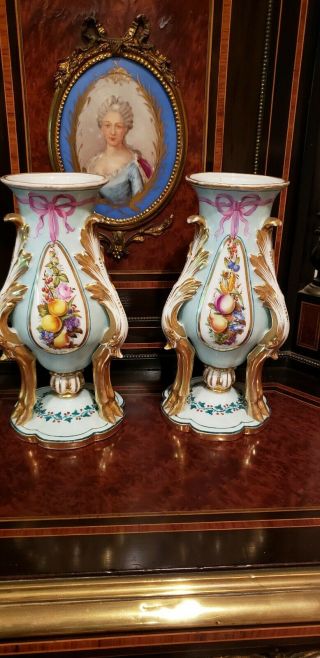 Pair Antique French Old Paris Porcelain Floral Hand Paint Vases