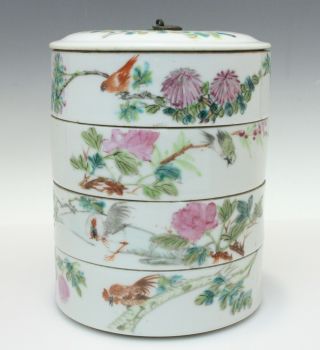 Antique Chinese Porcelain Stacking Dishes Birds & Flowers Famille Rose Painting 4