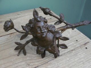 Antique 19thc Architectural Spelter Fixture Of A Cherub With Flower & Leaf